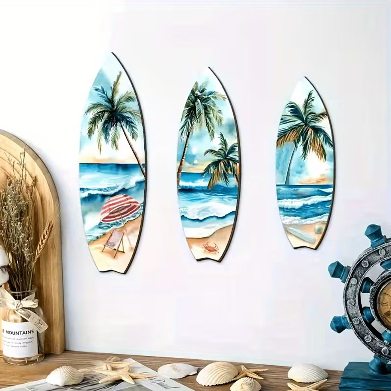 Xfasten Woodworking Double Sided Tape - 3ピースオーシャンビューサーフボード木製ウォールアートセット、両面ナノテープ付き、夏の家の装飾に最適なヤシの木とビーチウッドデコレーション