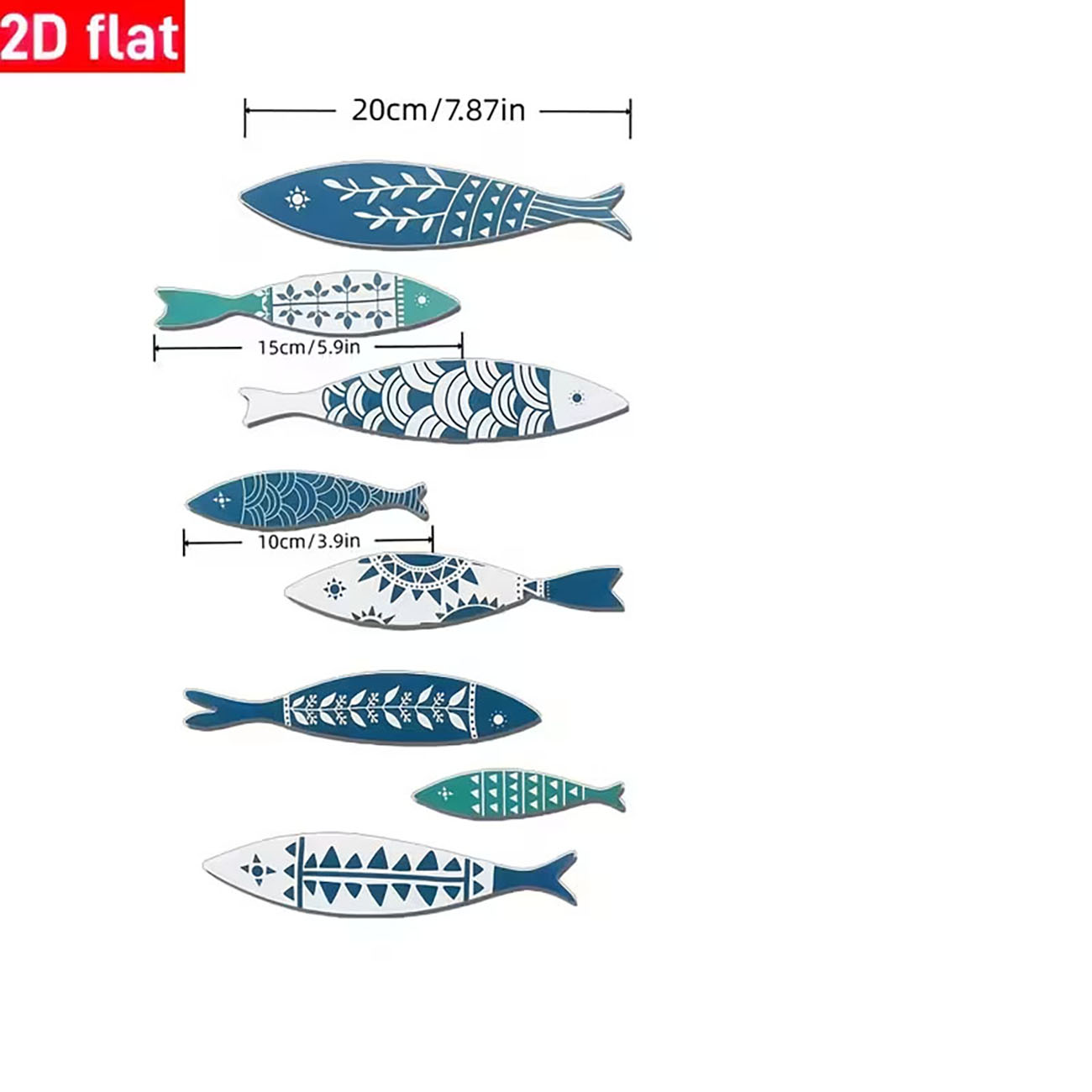 Xfasten Woodworking Double Sided Tape - 8個入り 2Dフラット海岸魚ウォールデコレーション、青と白のボヘミアンフィッシュアート、両面ナノテープ付き
