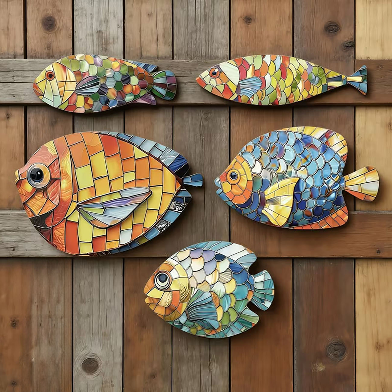 Xfasten Woodworking Double Sided Tape - 5個セット ステンドグラス風 木製魚の壁飾り 2Dフラットウォールアート ナノ両面テープ付き 穴あけ不要